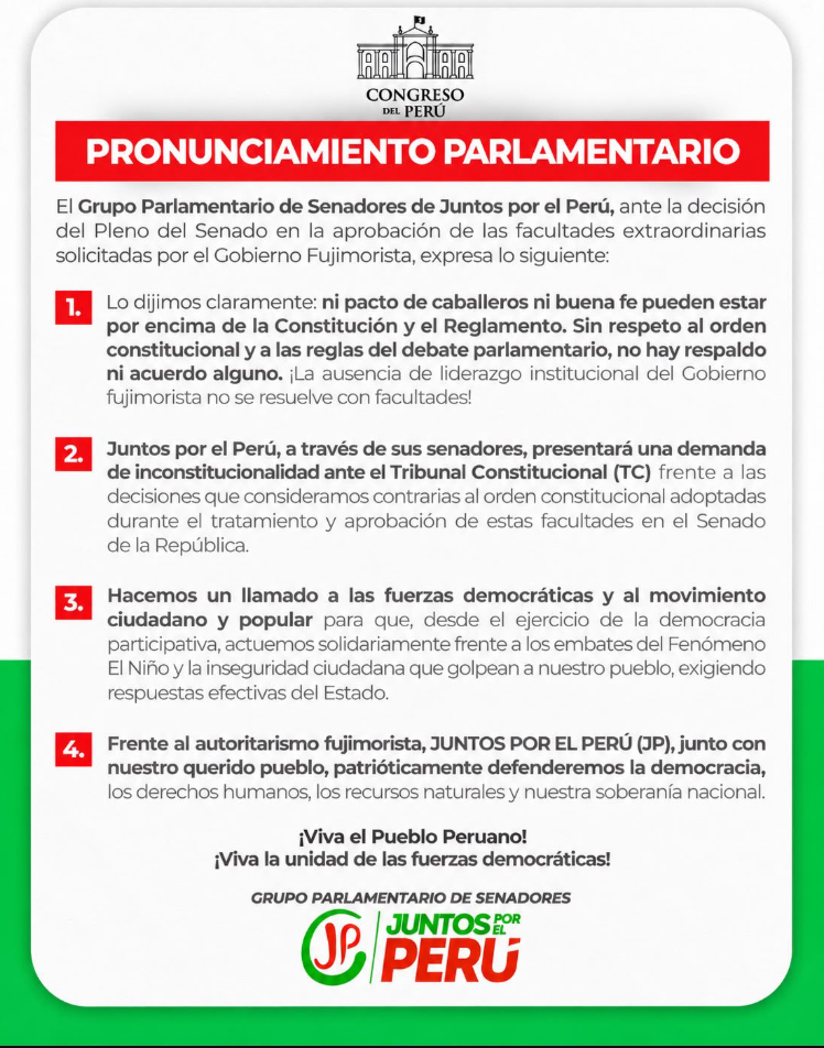 Comunicado emitido por los senadores de Juntos por el Perú.