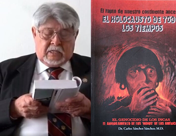 Carlos Sánchez y “El Holocausto de todos los tiempos”, libro de su autoría (Imagen: agendapais.com)