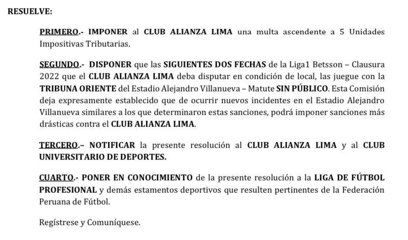  Alianza Lima sancionado.