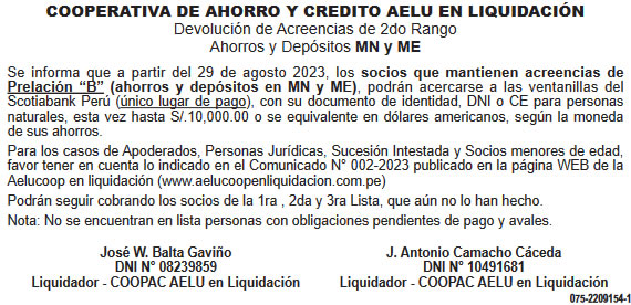 AELU en Liquidación: acreedores de 2do Rango podrán cobrar hasta 10 mil soles desde el martes 29 de agosto 2023 (Fuente: El Peruano).