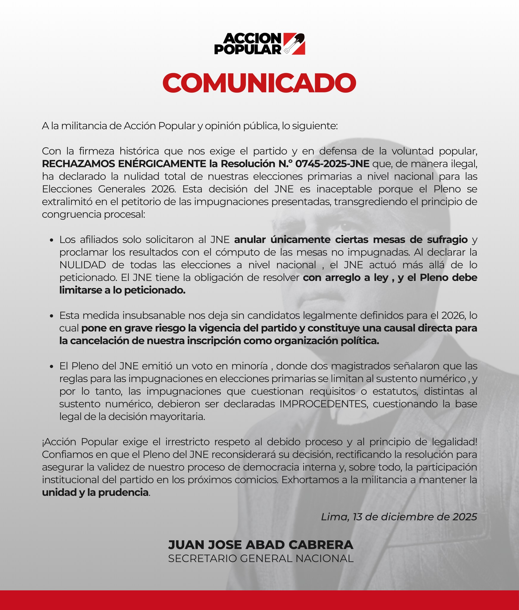 Acción Popular rechazó la Resolución N.º 0745-2025-JNE, que declaró la nulidad total de sus elecciones primarias a nivel nacional para las Elecciones Generales 2026.