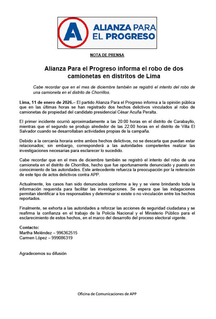 Nota de Prensa emitda por Alianza para el Progreso 