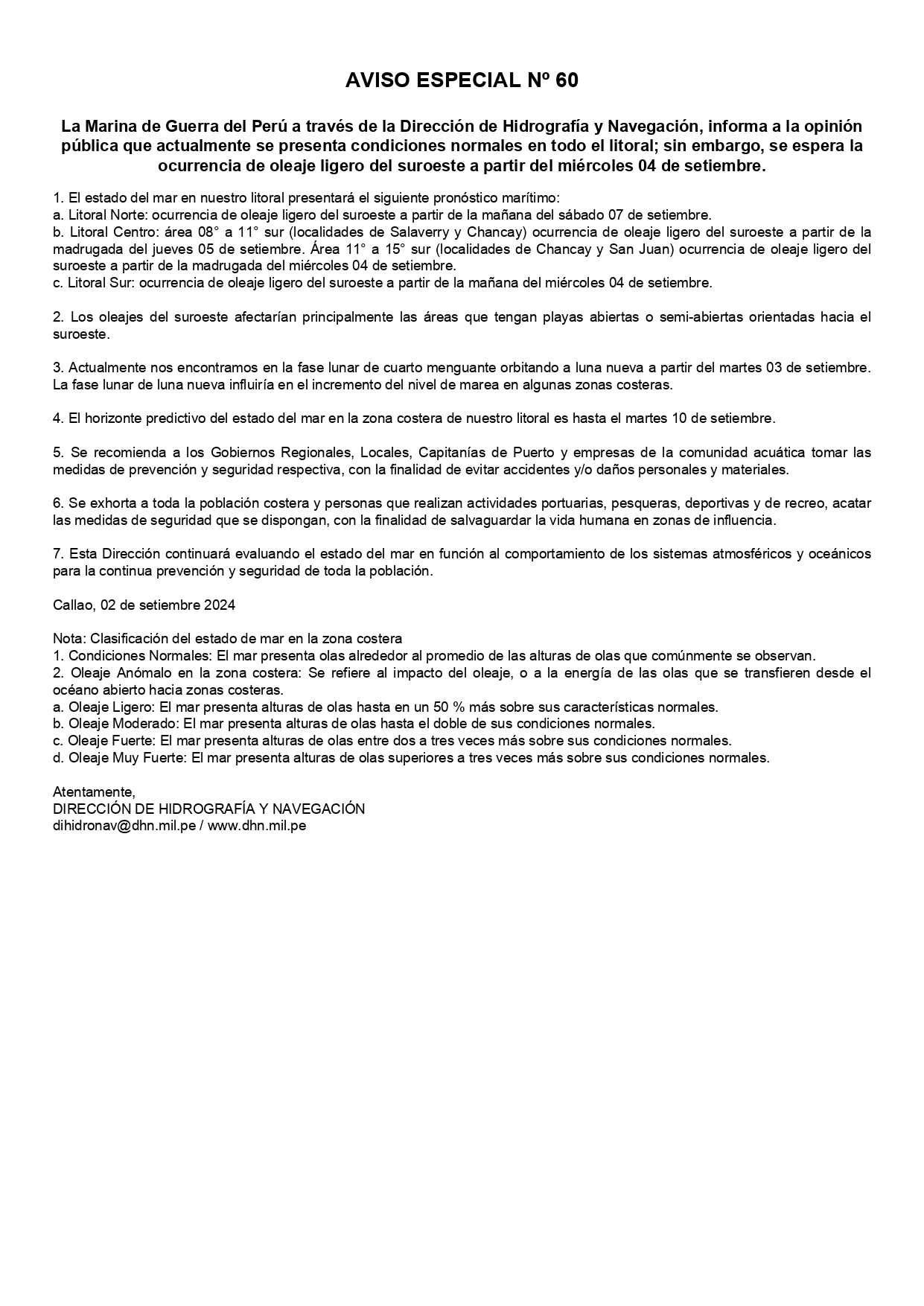 Mar movido. Aviso Especial N.º 60 elaborado por la Dirección de Hidrografía y Navegación (DIHIDRONAV)