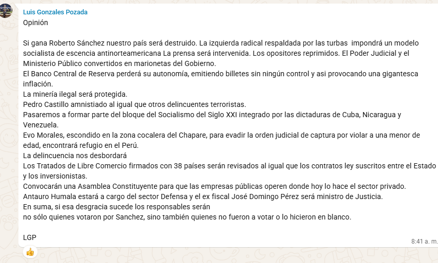 Luis Gonzales Posada: “Si gana Roberto Sánchez, nuestro país será destruido”.(contenido de chat de WhatsApp). 