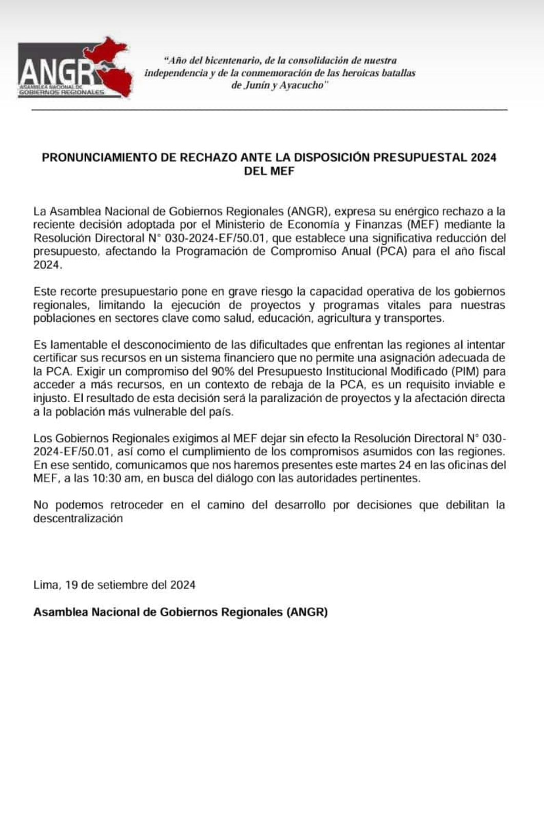 MEF: Pronunciamiento de la ANGR sobre el recorte presupuesrtal anunciado por el MEF.Comunicado de la Asamblea Nacional de Gobiernos Regionales 