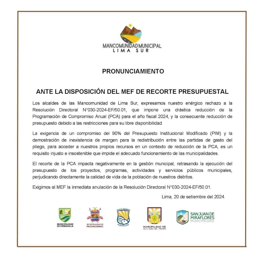 MEF: Recorte de la PCA impacta negativamente en la gestión municipal, retrasando la ejecución presupuestal de los proyectos, actividades y servicios públicos, municipales.