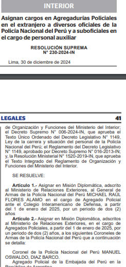 Agregadurías policiales: el Mininter publicó la lista de oficiales y suboficiales asignados a las embajadas en el exterior