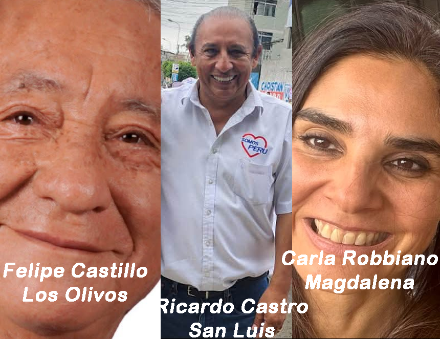 Ganadores de las elecciones en Los Olivos, Felipe Castillo Alfaro; en San Luis, Ricardo Castro y en Magdalena, Carla Robbiano (Foto: Facebook).
