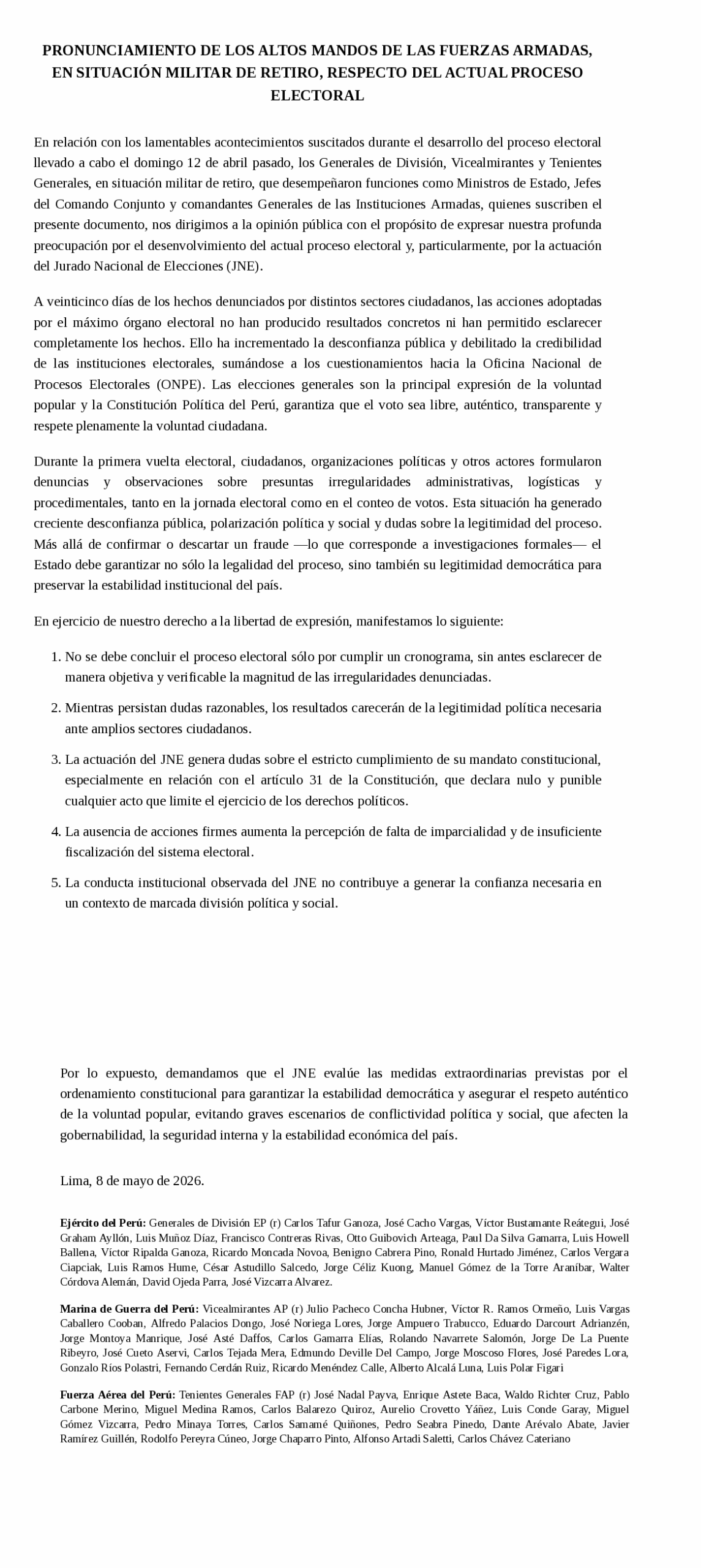 Militares en retiro: pronunciamiento post elecciones